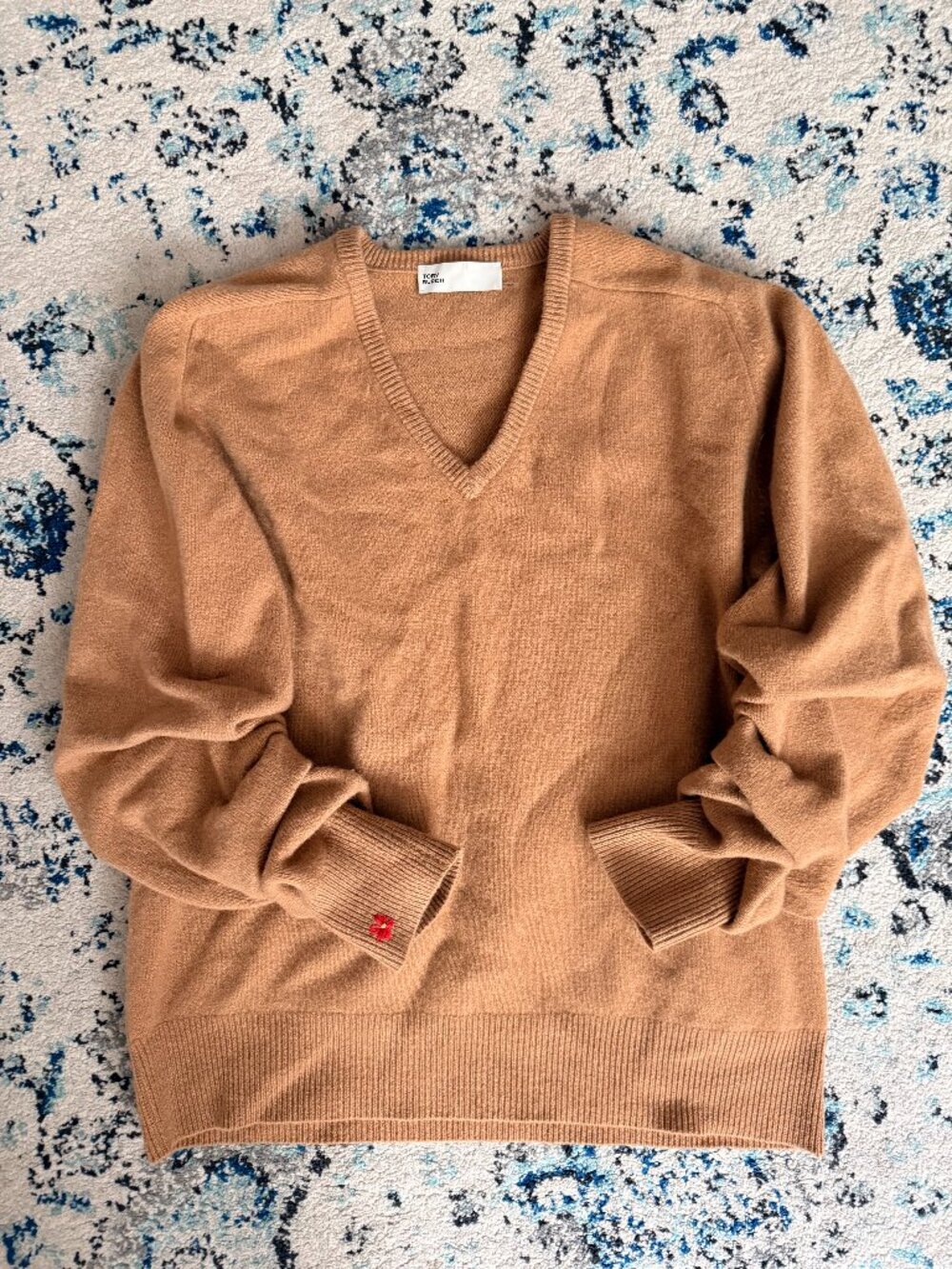 Tory Burch Camel Wool V-Neck Sweater | Ruched Sleeves | XS | Like New